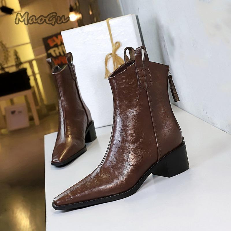 Retro 2025 Autumn Winter Short Boots for Women Mid Thick Heel Pointed Toe Knight Boots Elegant Women's Botines Feminina