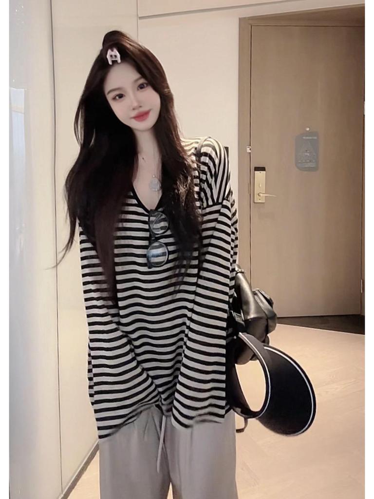 Tencel Linen Striped Loose Fit Women's Sunscreen T-Shirt