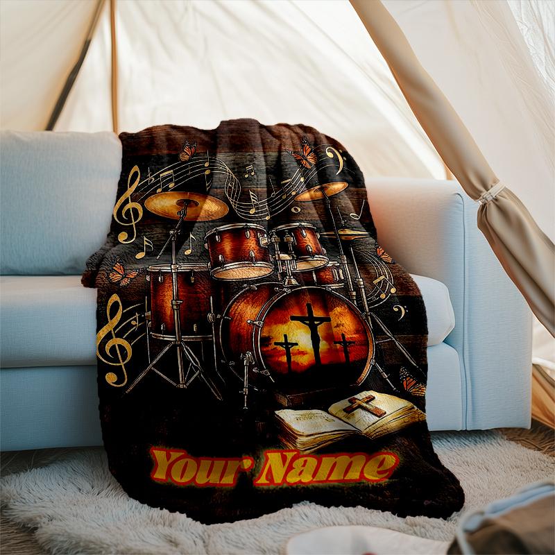 1PC Custom Name Music Faith Fusion flannel blanket versatile,all-season throw suitable for the living room,bedroom,camping,travel,and gift
