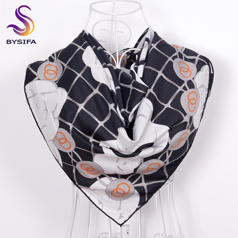 [Bysifa]  Black Twill Silk Scarf Shawl Fashion Elegant High Quality Women Spring Autumn Square Scarves 90*90Cm Bufandas