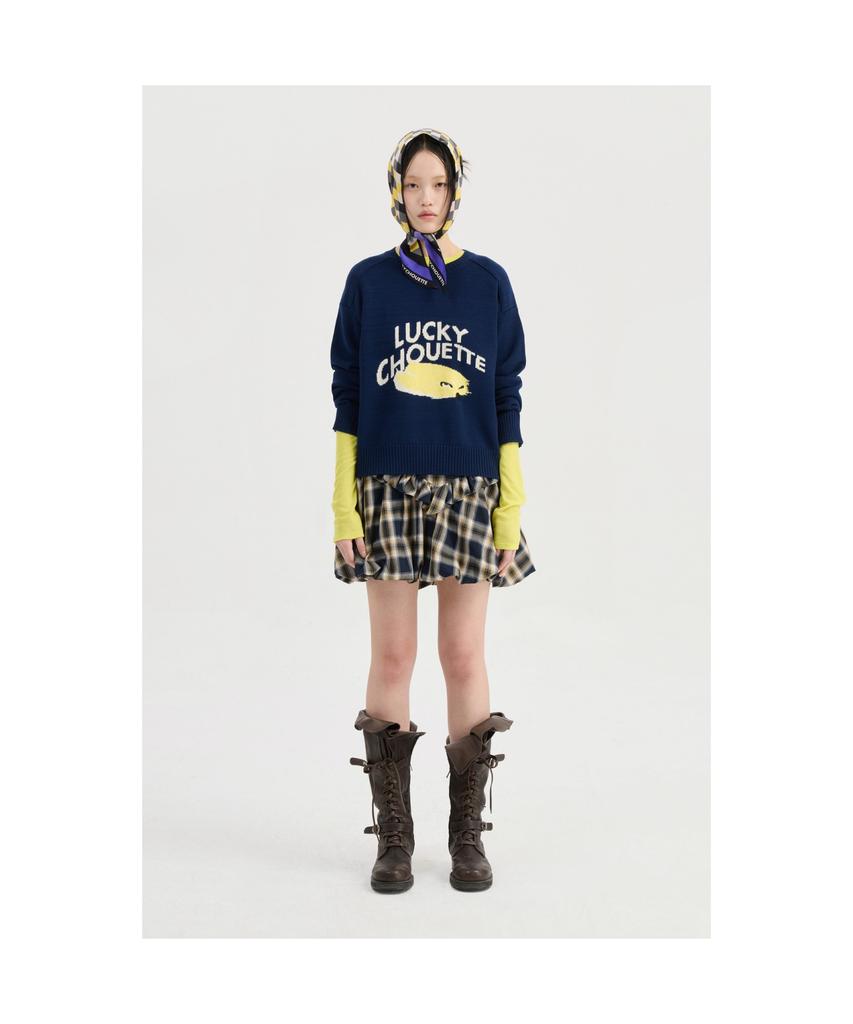 LUCKY CHOUETTE Intarsia Chouette Round Neck Pullover (Dark Navy)_Lfwas25220Nyd