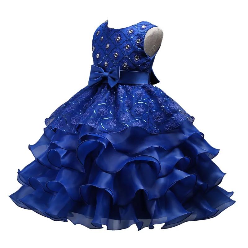 Vestito Principessa da Bambina Elegante con Ricami Floreali Fiocco Senza Maniche Strati di Rete