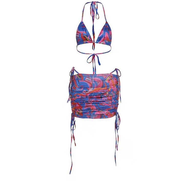 

2024 Комплект бикини халтер с принтом тай-дай: Сексуальный кроп-топ в европейском и американском стиле, облегающее бедро треугольное бикини и раздельный купальник для женщин. Large фиолетовый