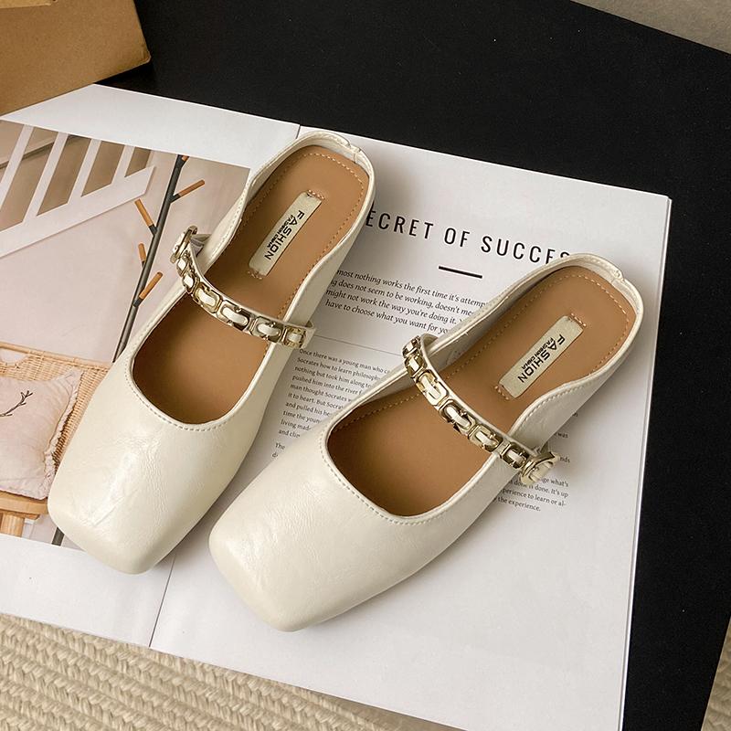 CRLAYDK Mules for Women Square Toe Buckle Flats Comfortable Slip On Shoes Leather Backless Loafers Lady Work Dress Slides