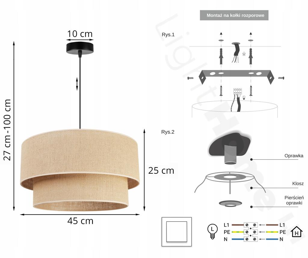 HANGING LAMP, CEILING CHANDELIER, LAMPSHADE 45cm, JUTE