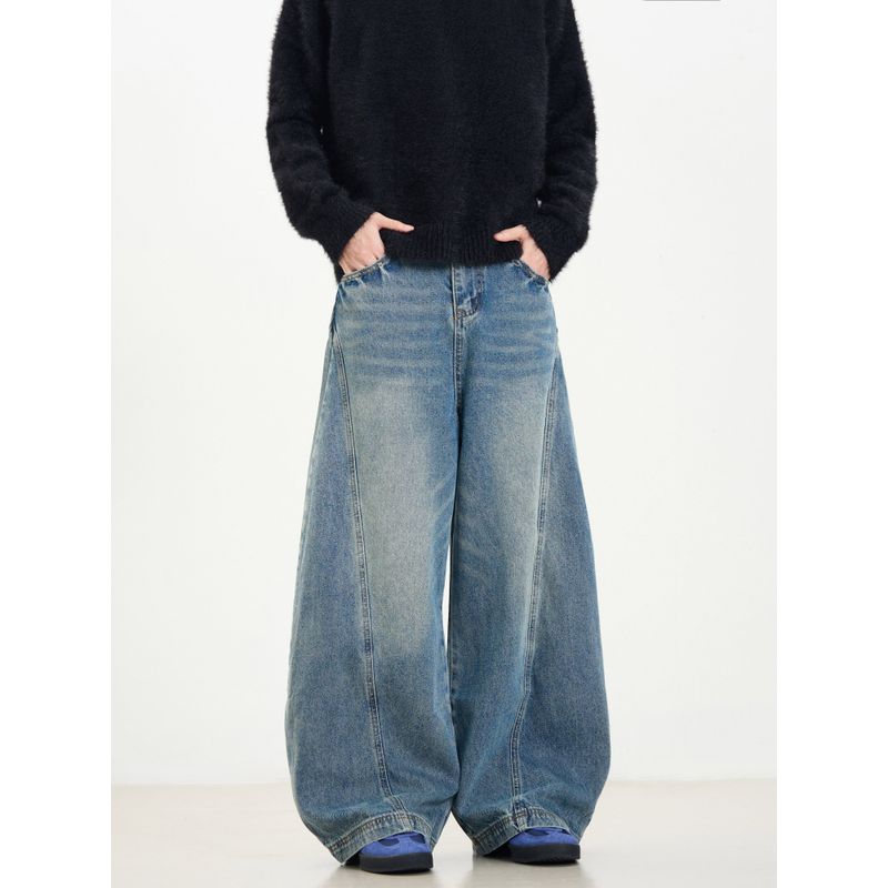 Kisko American Retro Washed Distressed Machete Design Denim Male and Female Trendy Brand Wide Leg Loose Sickle Pants