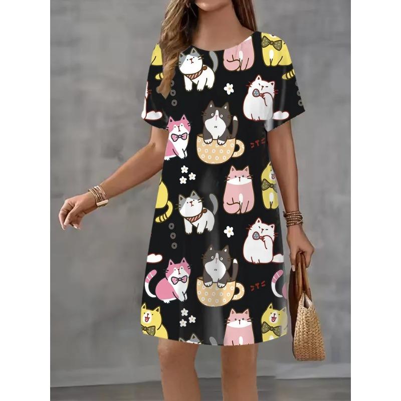 Summer Ladies 3D Printed Short Sleeve Dress Fashion Versatile Breathable Trend Casual