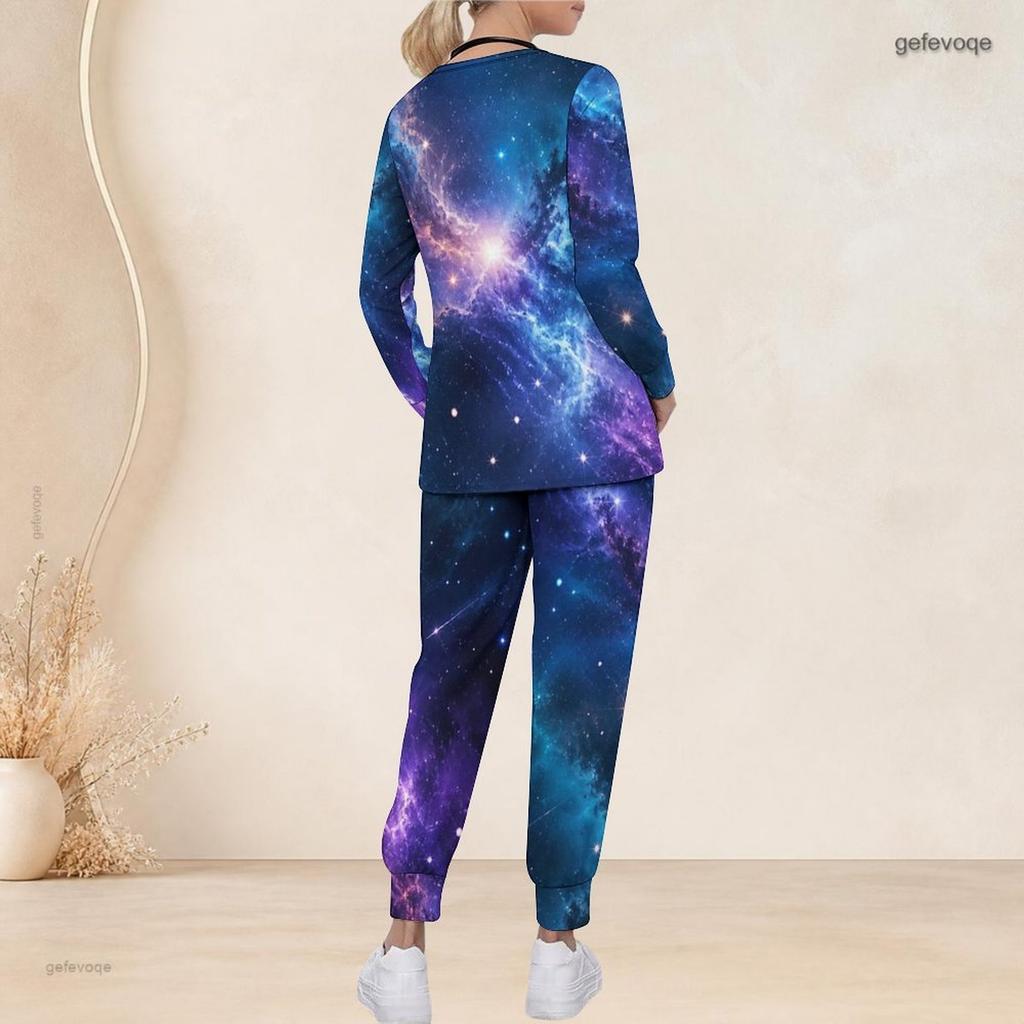 Women Plus Size V Neck Long Sleeve Scrub Set Purple Pink Cosmic Swirl Galaxy Print Nurse Uniform Set