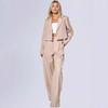 Women's Light Khaki Short Blazer and Wide-Leg Trousers Set