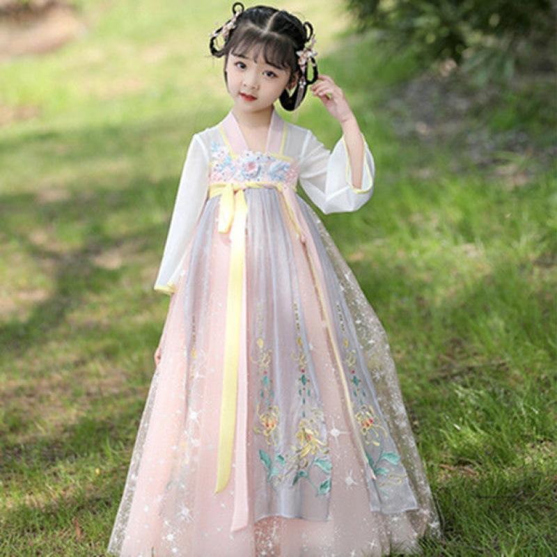Hanfu dievča čínsky štýl látkové letné šaty Starožitný oblek Tang super víla kostýmové šaty malé dievča morská panna princezná sukňa spodná bielizeň