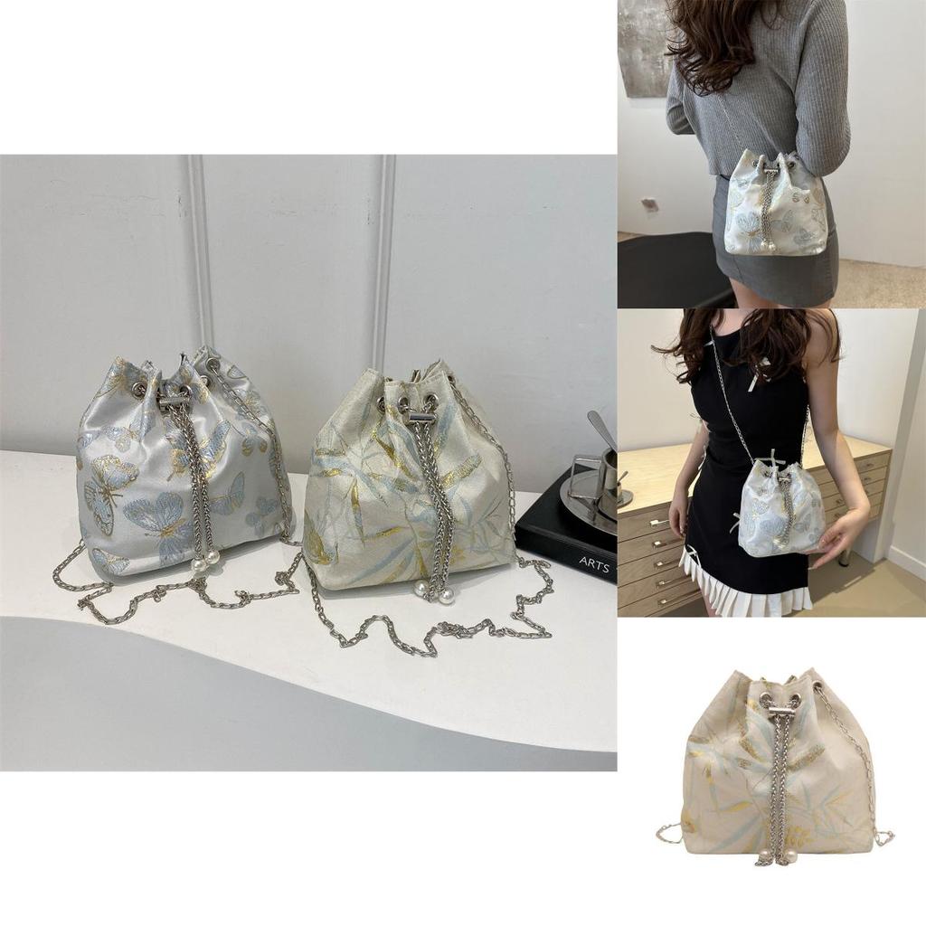 Stylish New Chinese Style Bucket Bag With Embroidered Silk And Trendy Chain Strap