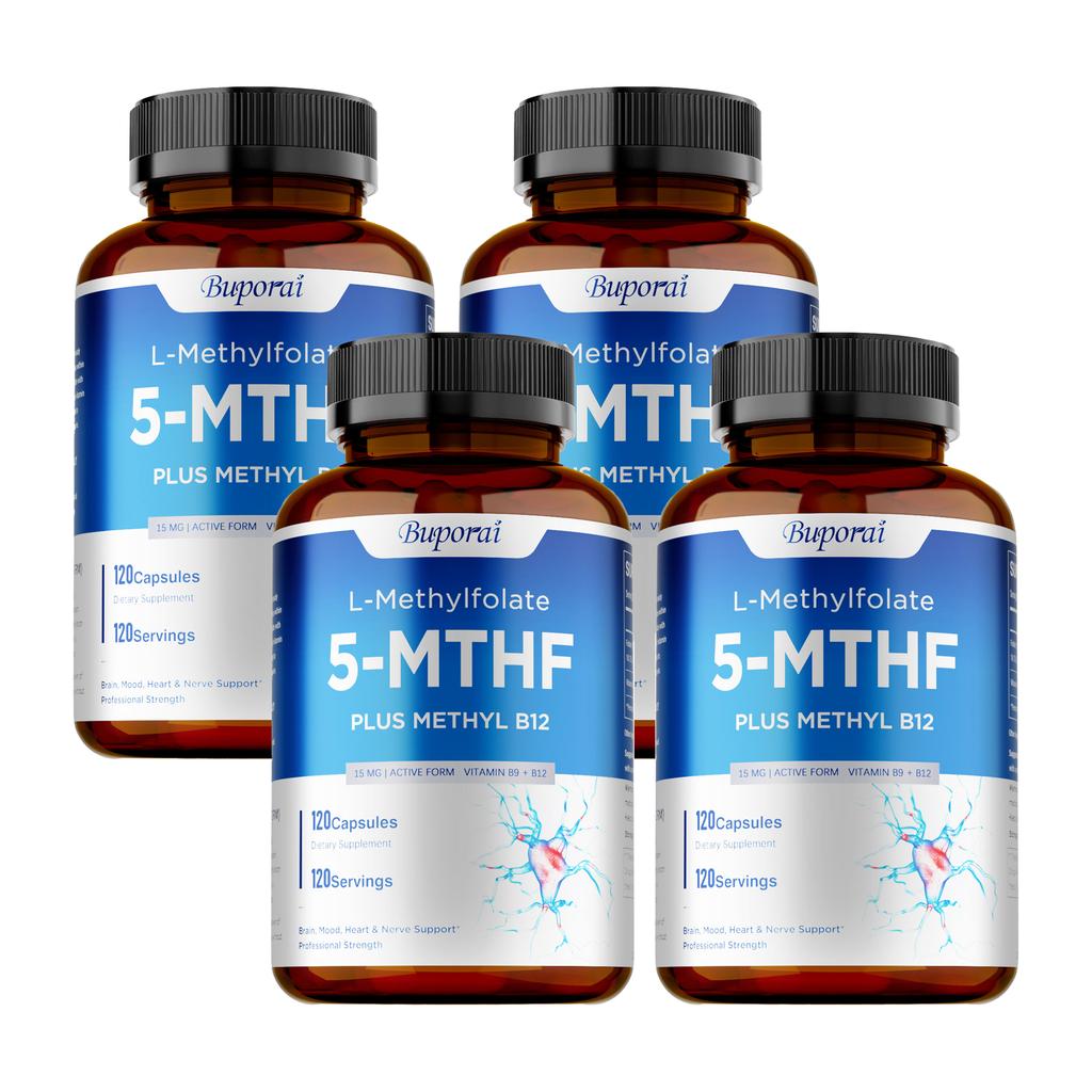 Buporui L-Methylfolat 5-MTHF Kapseln mit Methyl-B12, Aktives B-Vitamin-Nahrungsergänzungsmittel zur Unterstützung der Methylierung & des täglichen Wohlbefindens