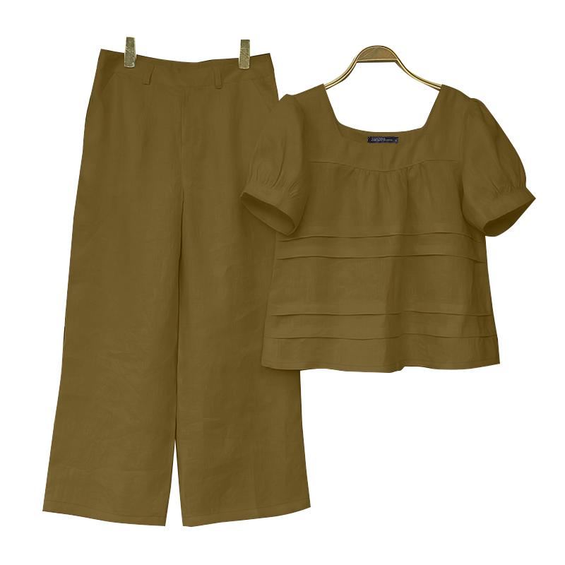 

ZANZEA Женская блузка с коротким рукавом и брюки Повседневные костюмы-двойки 3XL хаки