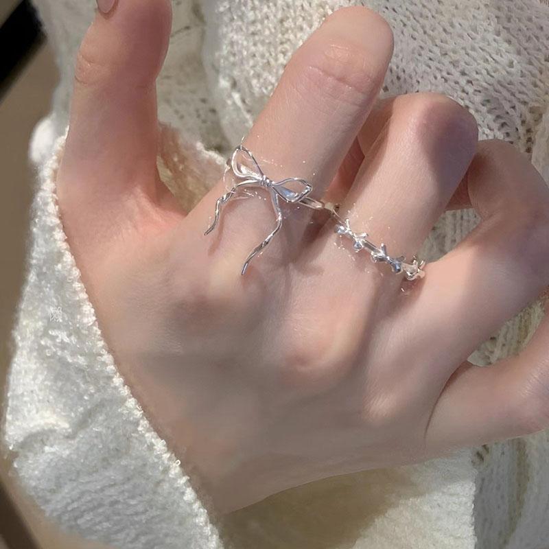 Elegant Irregular Heart Bow Open Ring For Women Girls Punk Gothic Sliver Color Adjustable Couple Rings Y2K Female Fashion Jewelry Gift