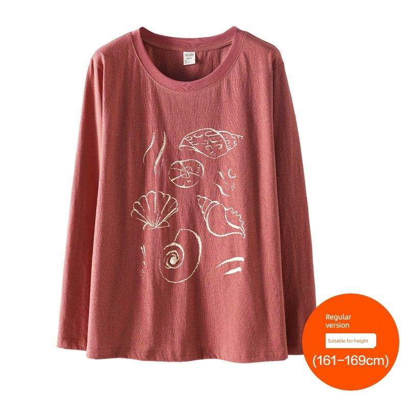 

Plus size women clothing [Korean Series Conch T-shirt] Three Clothes Length Early Autumn New Snowflake Cotton Print Long sleeve Bottoming Shirt Crimson (161-169cm) 7XL