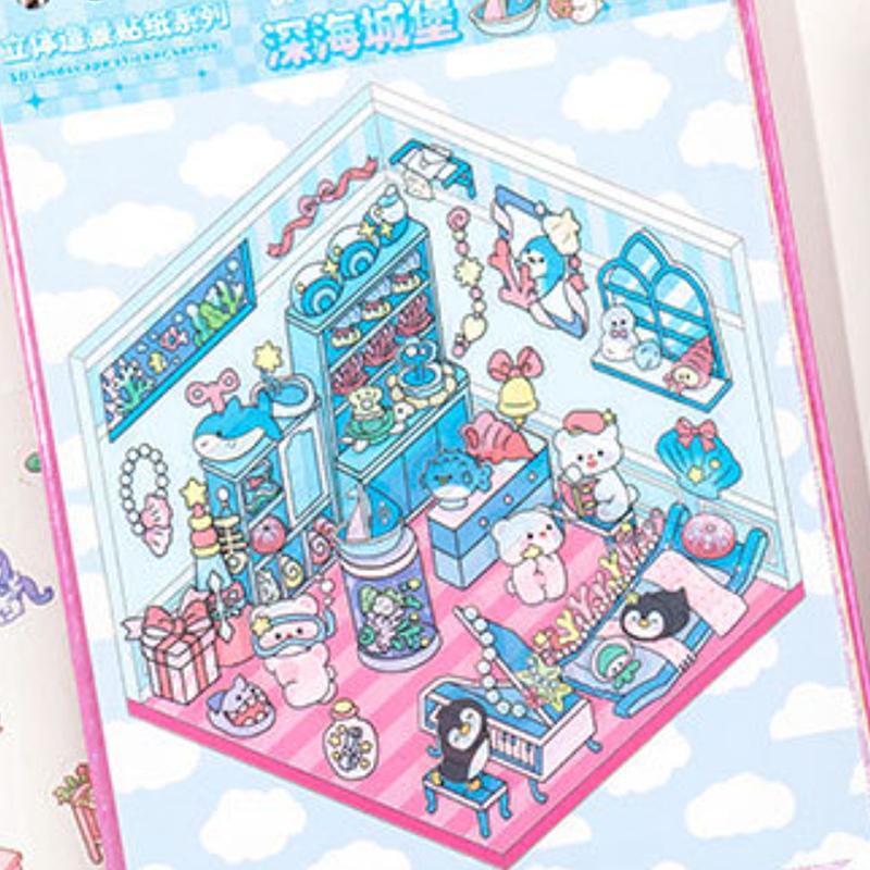 1 Set  Cabin Scene Pocket Stickers Cartoon Diy 3D Landscape Sticker Book Festival Birthday Gift For Student Kid Child