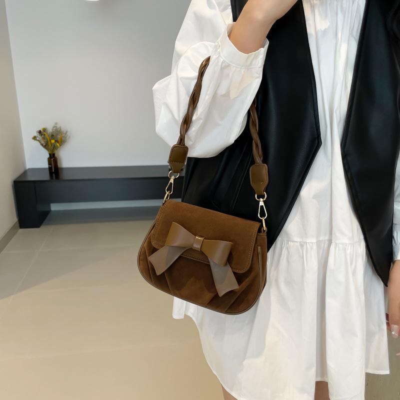 Bow Solid Color Saddle Bag Women's New Autumn and Winter Retro Fashion Casual Simple Twist Shoulder Strap Messenger Bag