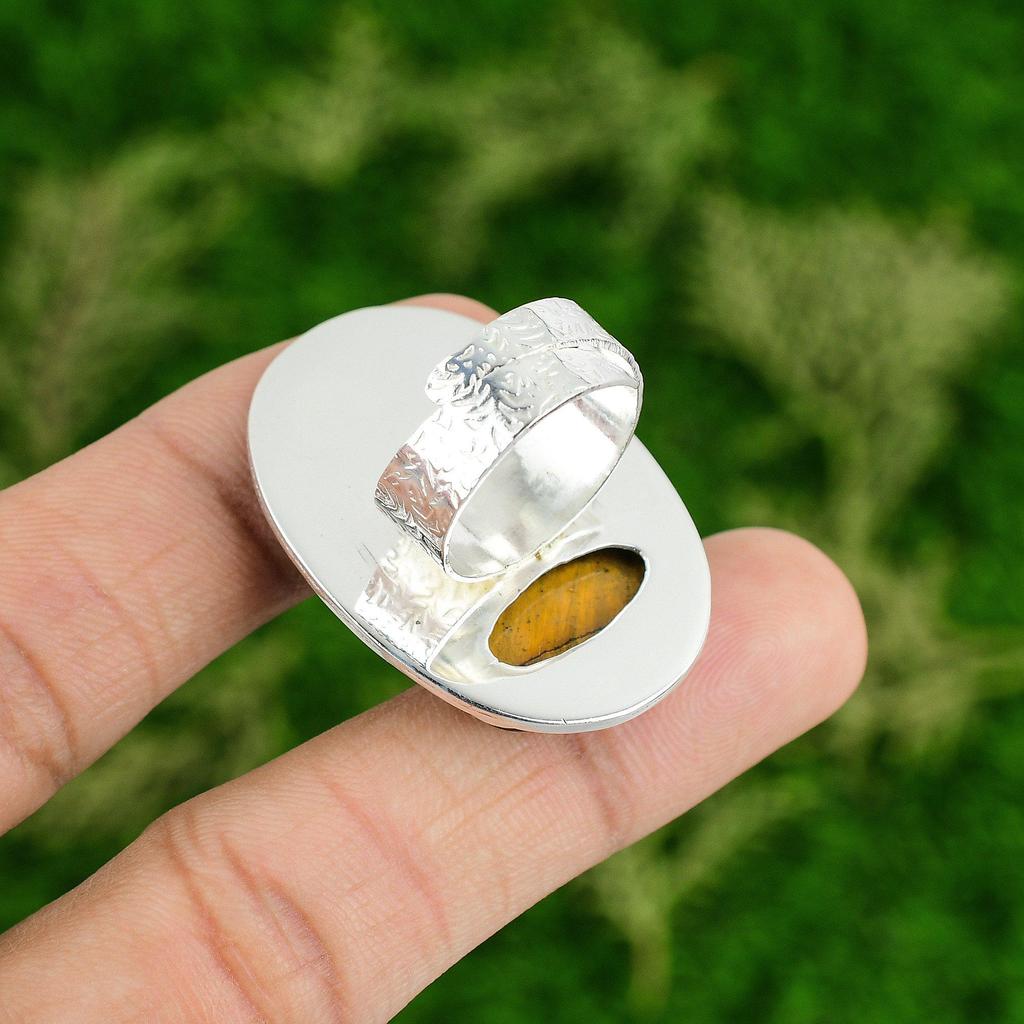 Natural TigerS Eye Gemstone 925 Silver Statement Adjustable Ring For Women