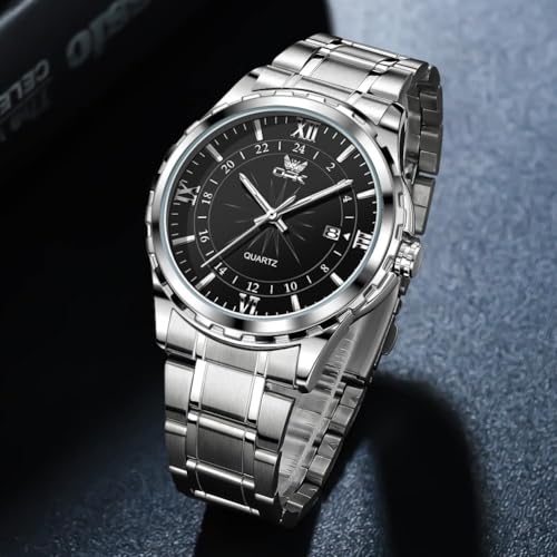 OPK Men's Quartz Watch, Stylish, Classic, Stainless Steel, Date Display, Waterproof, Luminous, Perfect for School or Office, Black