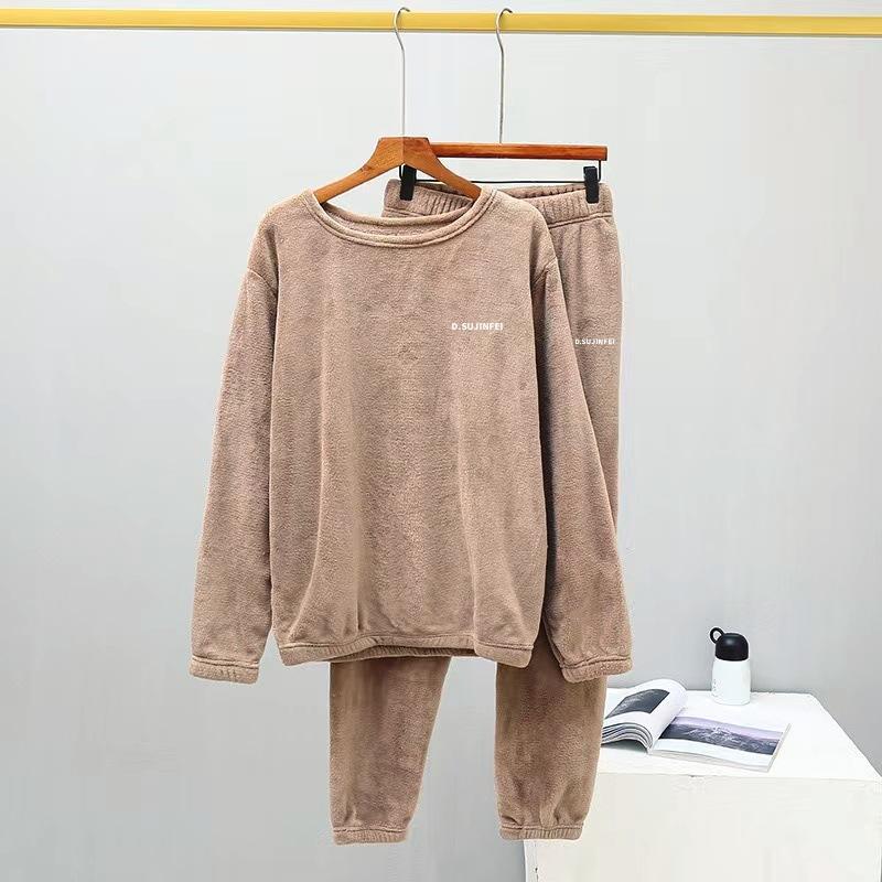 Dámské flanelové teplé domácí soupravy na spaní Jednobarevné Fleece s kulatým výstřihem Silný svetr Lady Pyžamo Kalhoty s dlouhým rukávem Běžné 2ks