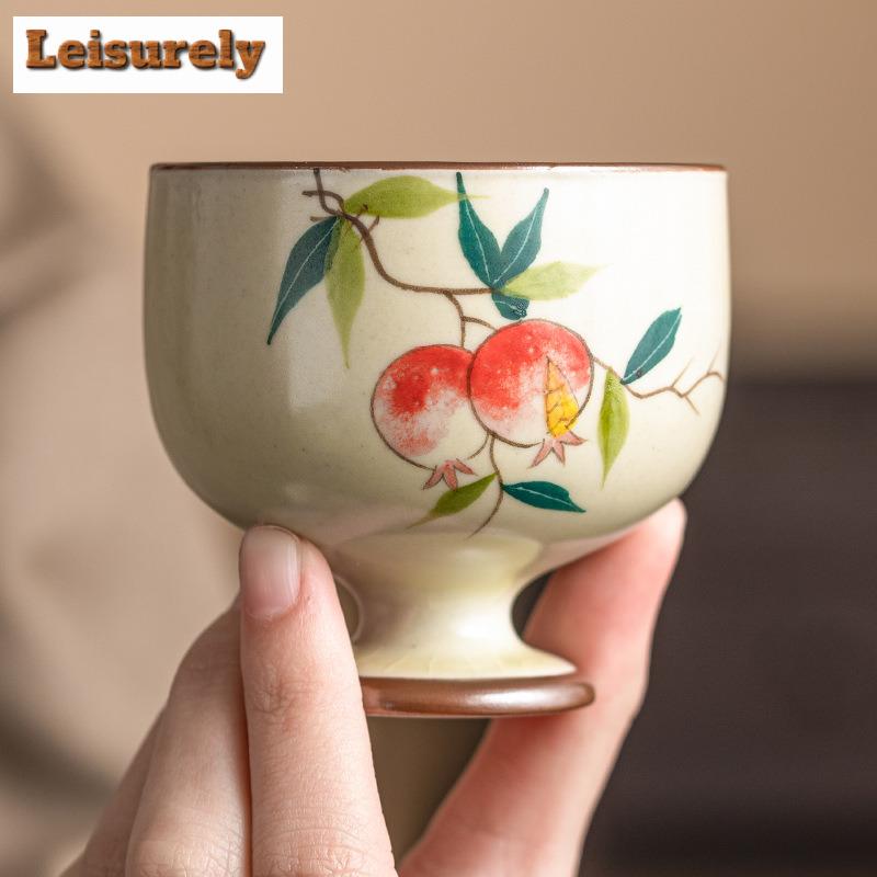 90ml Handmålad Granatäpple Keramisk Tekopp Kräm Ru Ugn Arhat Kopp Hög Högfotad Kopp Hushåll Mästare Enkel Chazhan Teservis