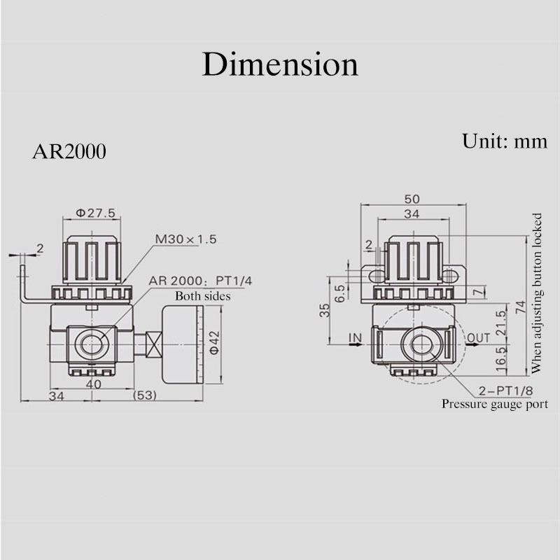AR2000 G1/4'' Régulateur de Pression pour Compresseur d'Air Pneumatique Valve de Réduction Avec Raccords Connecteurs 4mm 6mm 8mm 10mm 12mm