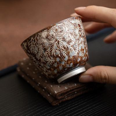 Alte Fels-Schlamm-Teetasse Blume Vergoldetes Silber Meistertasse Chinesisches Kung-Fu-Teeservice Steinzeug Retro Japanische Keramiktassen Trinkgeschirr