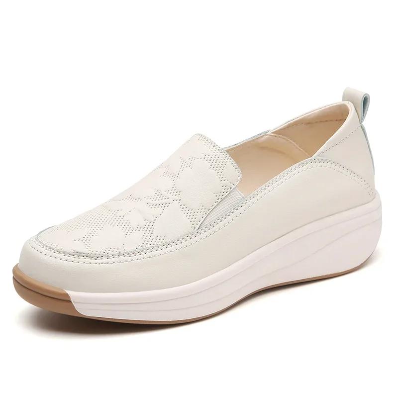 Fashion Spring Shoes for Women Fashion Thick Sole Slip-on Loafers Ladies Leather Hollow Casual Shoes Breathable Light Platform Sneakers