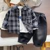 Boys' 2025 Korean Style Plaid Two-Piece Set: Long-Sleeve Casual Shirt for Kids