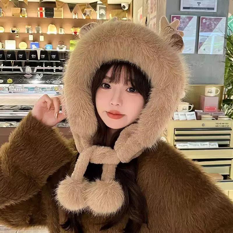 Women's Cute Fluffy Hat with Scarf and Ear Protection for Autumn/Winter