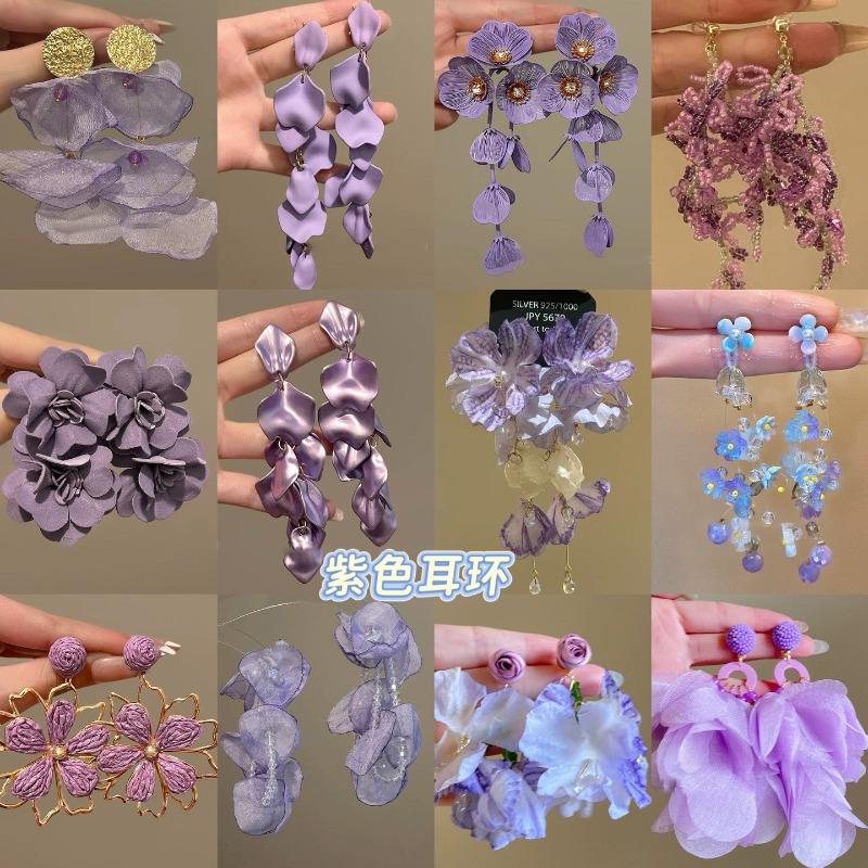 Silver needle fabric rice bead chiffon flower beaded fringed earrings super fairy sweet temperament stud earrings niche design earrings