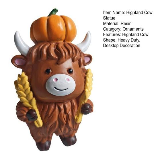 Christmas Highland Cattle Statue Thanksgiving Day Pumpkin Highland Cow Figurine Sculpture Home Office Desktop Decoration Ornament