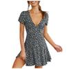 Women Floral Print Short Sleeve Sexy V Neck Cocktail Party Beach  Dress