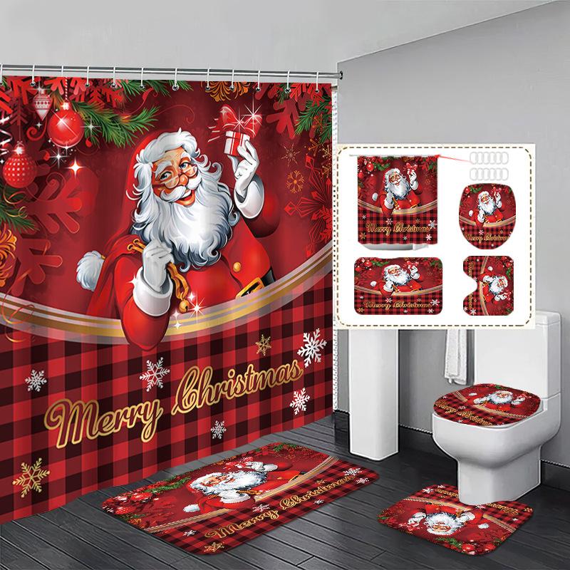 Red Marry Christmas Shower Curtain Santa Claus Printed Waterproof Polyester Bath Curtain for New Year Christmas Bathroom Decor