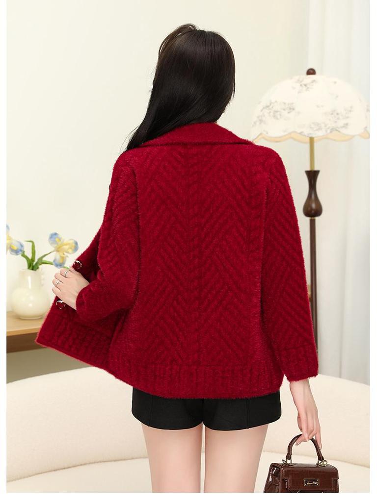Faux Mink Button Knit Lapel Cardigan: Stylish, Warm Autumn/Winter Sweater for Women.