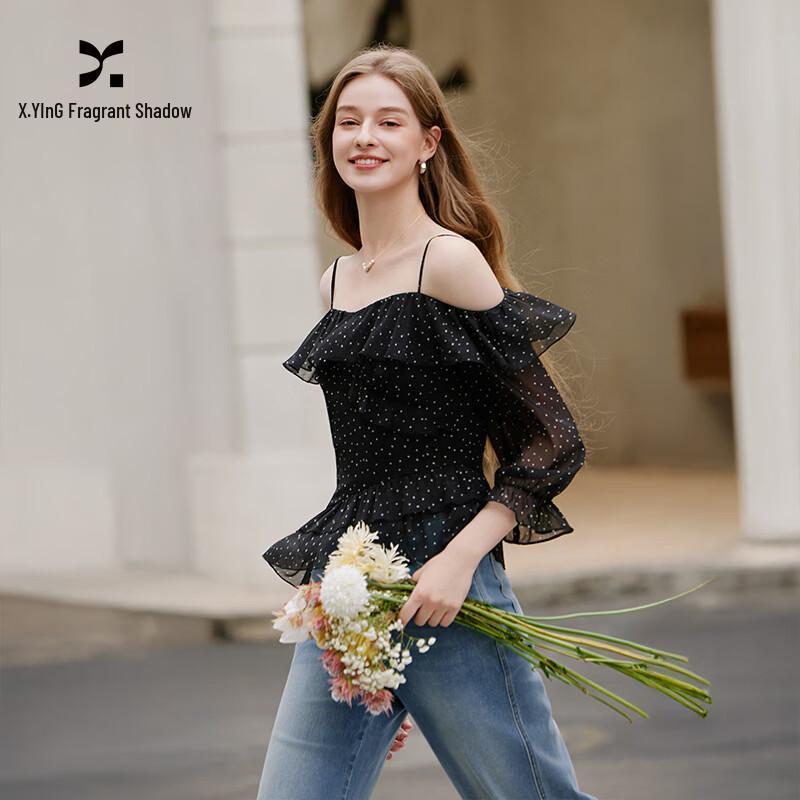 Xiangying Off-Shoulder Polka Dot Chiffon Blouse XL