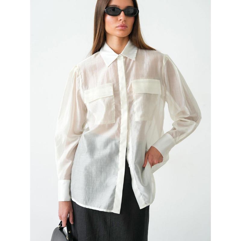 Women S Long Sleeve Lapel Sheer Tencel Blend Shirt For Commute
