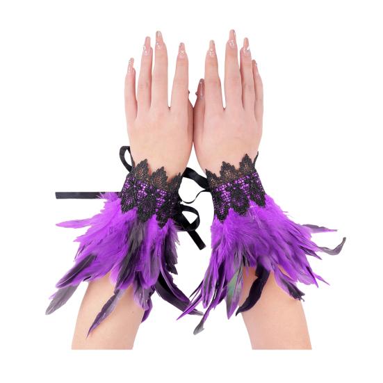 1 Pair Gothic Feather Wrist Cuff Gloves Feather Lace-Up Ribbons Halloween Party