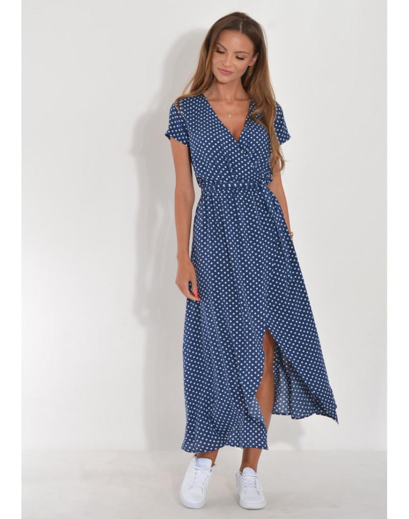 2023 Polka Dot V-Neck Midi Dress with Tie Waist - Women's European & American Holiday Style