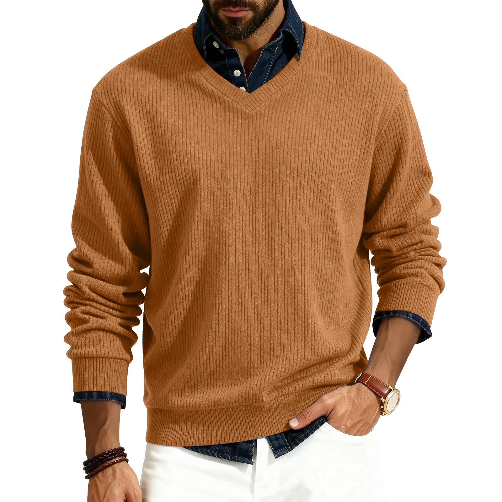 

Men s V-neck long-sleeved ribbed knit pullover L світло-коричневого кольору