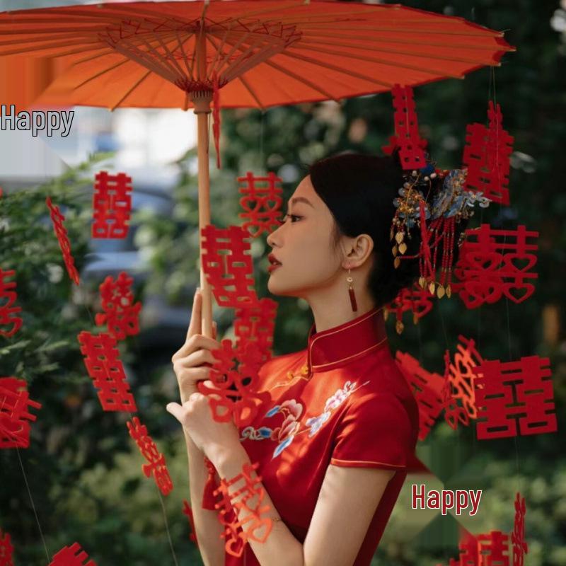 

Red Traditional Chinese Style Wedding Umbrella - Bride s Happy Rain Accessory