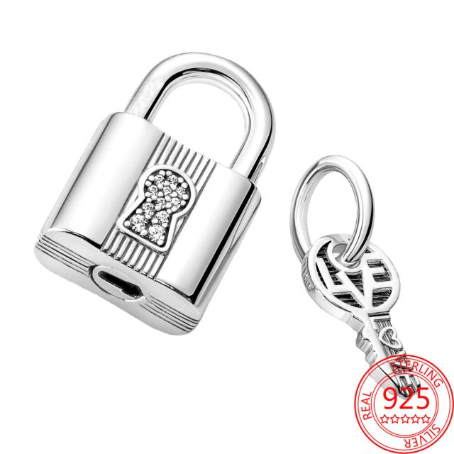 New 925 Sterling Silver Gold Padlock & Key Dangle Charm Fit  Original  Silver Bracelet Beads for Women Fine Jewelry Gift