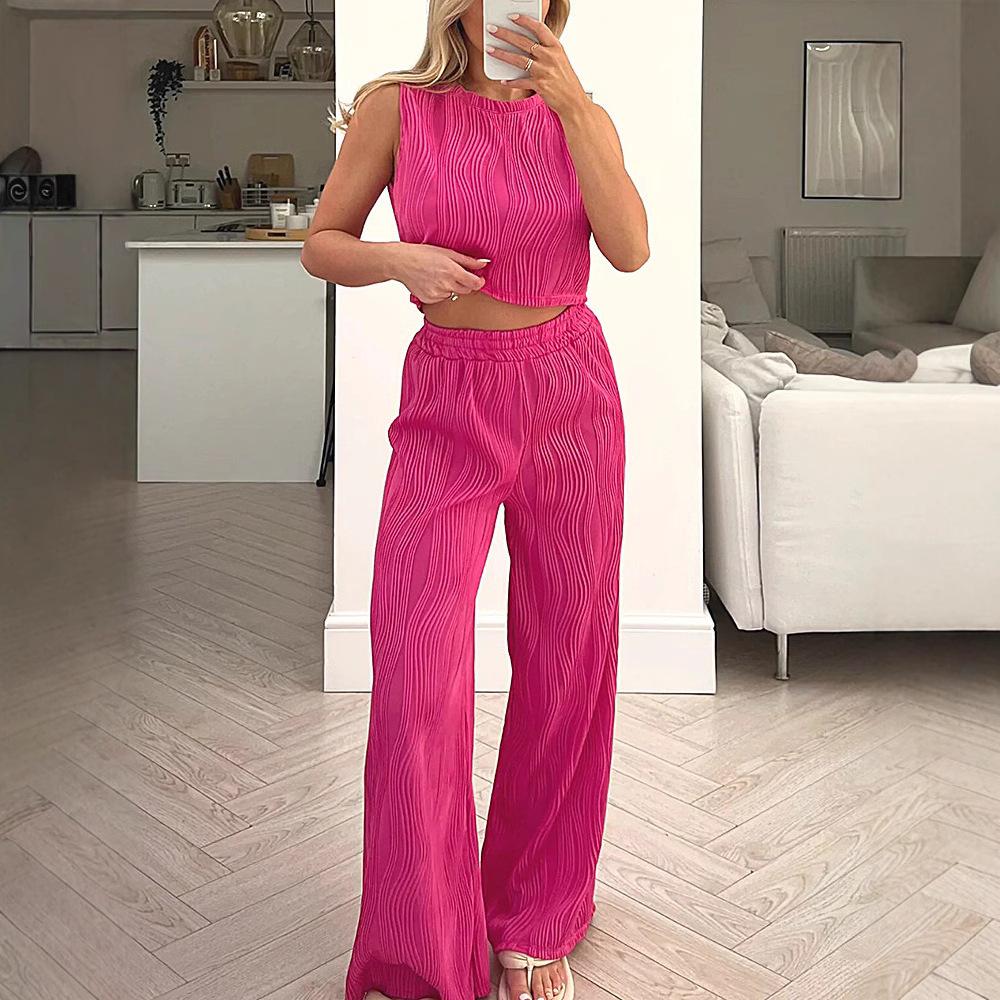 1116 Women's Summer Suit European and American Solid Color Water Wave Crew Neck Vest Top Straight Pants Two-piece Set