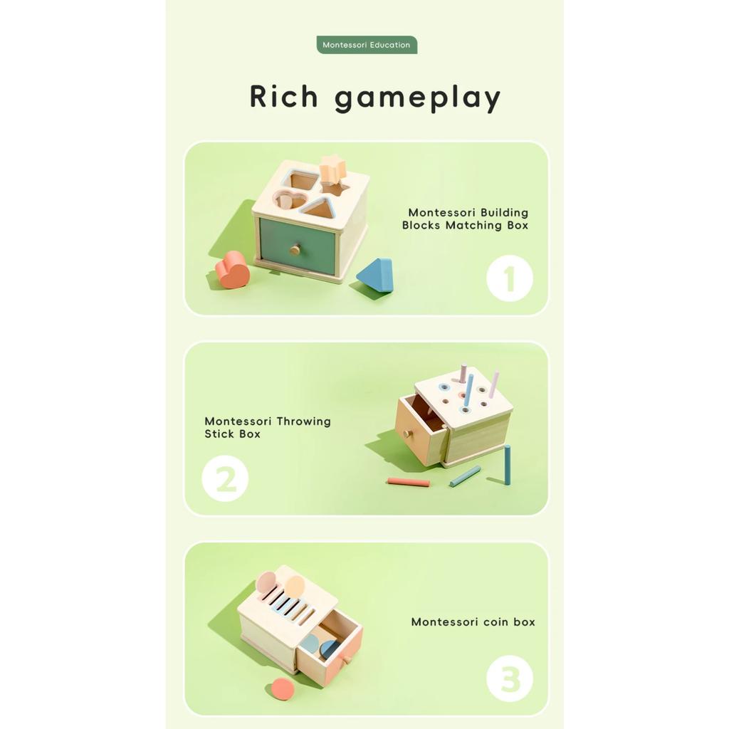Montessori Object Permanent Box Wooden Toy Color Sorting Shape Matching Box Coins Ball Early Educational Toys Fine Motor Skill