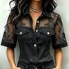 Women Casual Loose Fit Denimstyle Spliced Top With V Neck And Floral Embroidery For Fashionable Streetwear