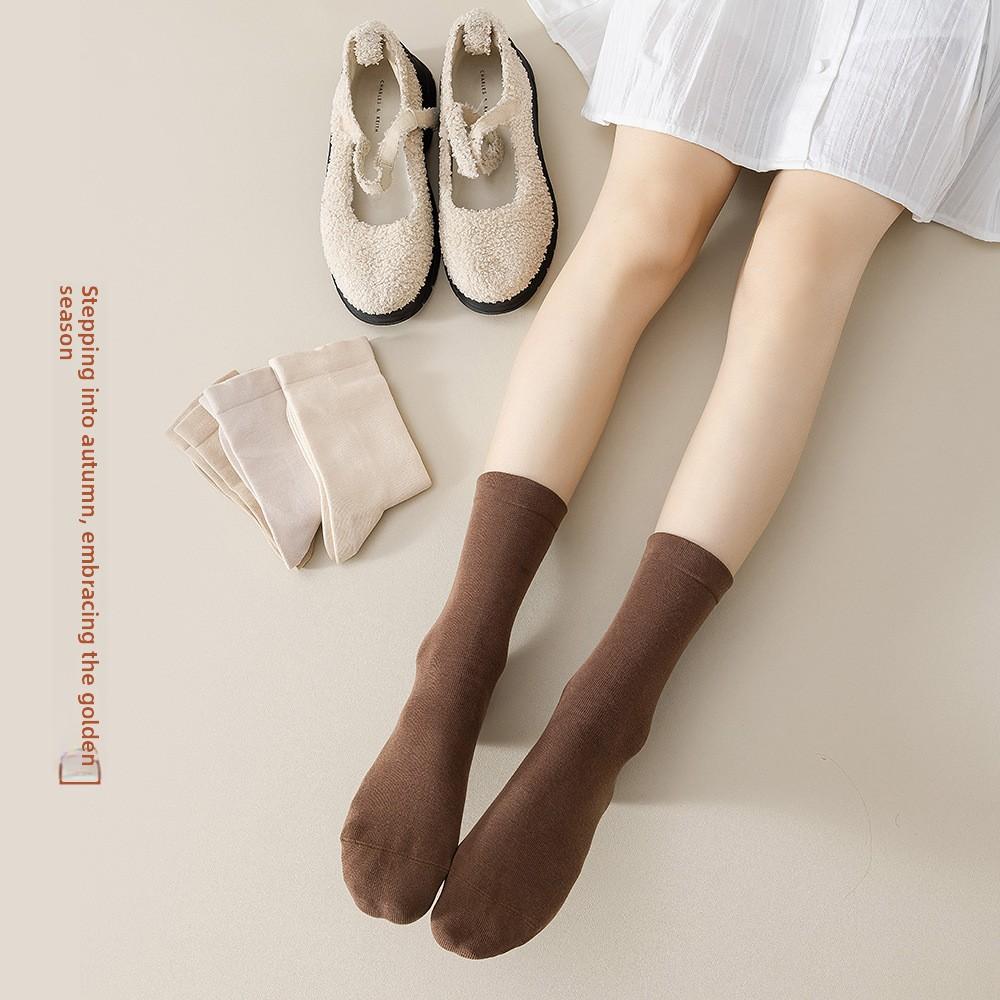 Women's Mid-calf Autumn Socks, Pure Cotton, Retro Brown, Versatile Warm Colors for Autumn and Winter