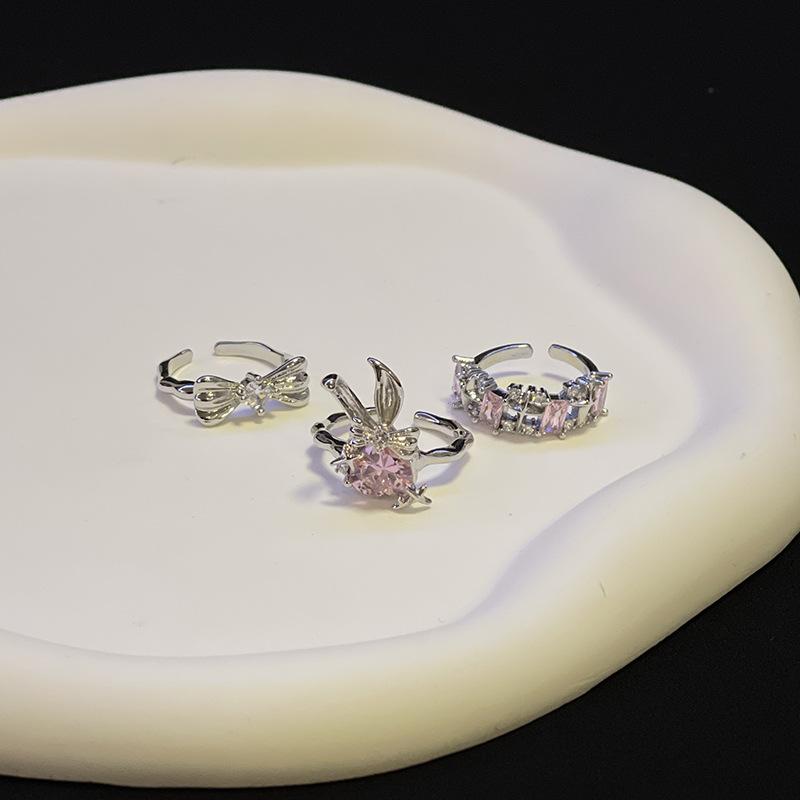 Rabbit Bow Pink Zircon Stacked Open Ring Niche Design High Sense Cold Wind Ring Woman