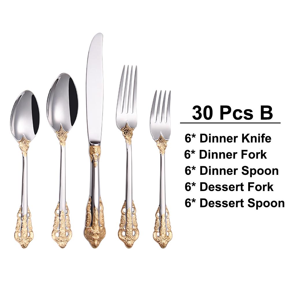 30 Pieces Gold Plated Luxury Cutlery Set Stainless Steel Vintage Western Tableware Sliver Knife Spoon Fork Set Kitchen Utensils