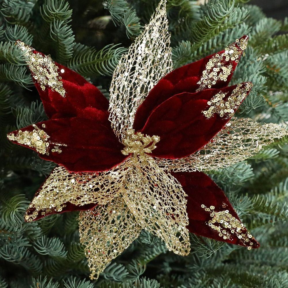 Flannel Fabric Christmas Artificial Flowers Plastic Glitter Poinsettia  Christmas Decor
