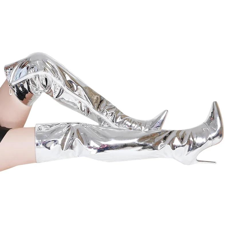 Γυναικείες μπότες Καθρέφτης Πλατφόρμα Pointy Toe Punk Ψηλοτάκουνα Πάνω από το Γόνατο Μακρυές μπότες Φθινοπωρινές Χειμερινές Ασημένια παπούτσια για πάρτι